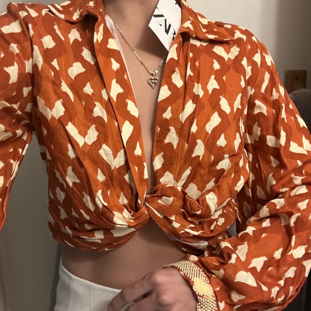 Zara Relaxed Crop Blouse in Brown and Orange with Notched Collar